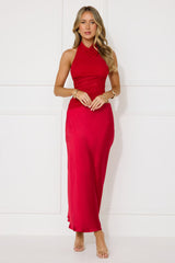Popping Bottles Satin Mesh Halter Maxi Dress Red