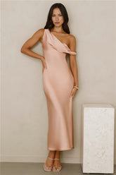 Stylish Season Off Shoulder Satin Midi Dress Peach