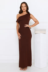 Dark Elegance Off Shoulder Knit Maxi Dress Brown