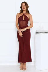 Luxe Darling Halter Mesh Maxi Dress Burgundy