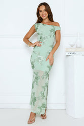 Studio Flora Mesh Off The Shoulder Maxi Dress Sage