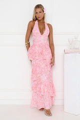 Tropical Bloom Halter Tiered Maxi Dress Pink
