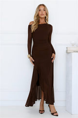Chic Mesh One Shoulder Maxi Dress Brown