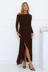 Chic Mesh One Shoulder Maxi Dress Brown