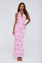 Power Vibe Halter Mesh Maxi Dress Pink