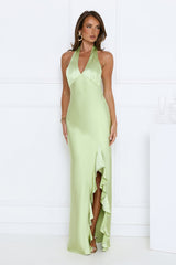 Satin Whirl Halter Maxi Dress Green