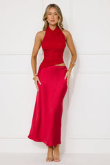 Popping Bottles Satin Mesh Halter Maxi Dress Red