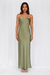 The Felicity Strapless Satin Maxi Dress Olive